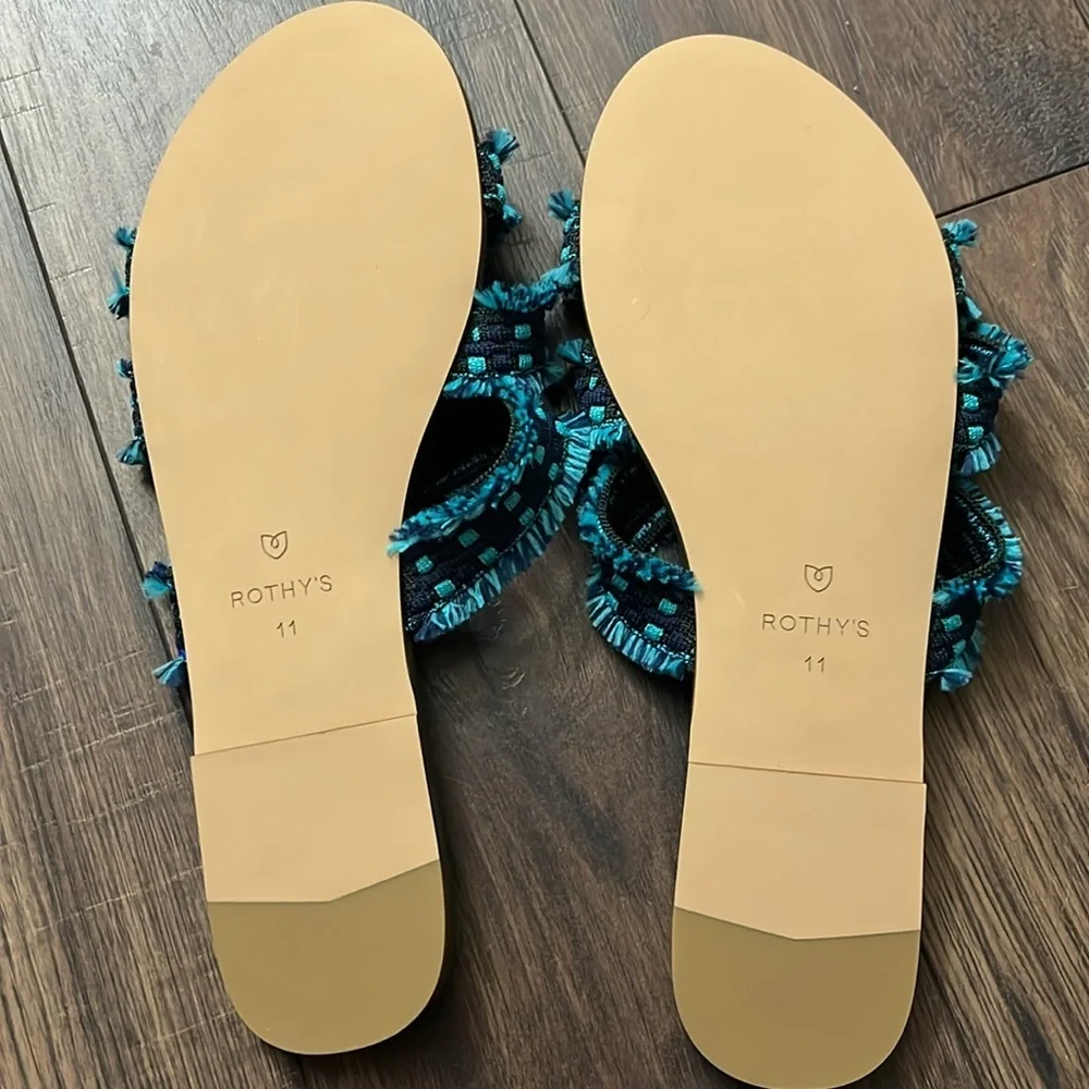 NEW‎ Rothy’s Triple Band Teal Navy Blue Fringe Sandals Size 11